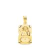 Medalla rectangular de oro amarillo 18K con bordes tallados brillantes, relieve de Angelito Burlón y reloj de nacimiento lateral.