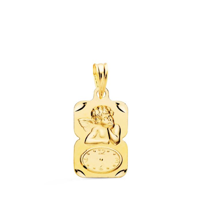 Medalla rectangular de oro amarillo 18K con bordes tallados brillantes, relieve de Angelito Burlón y reloj de nacimiento lateral.