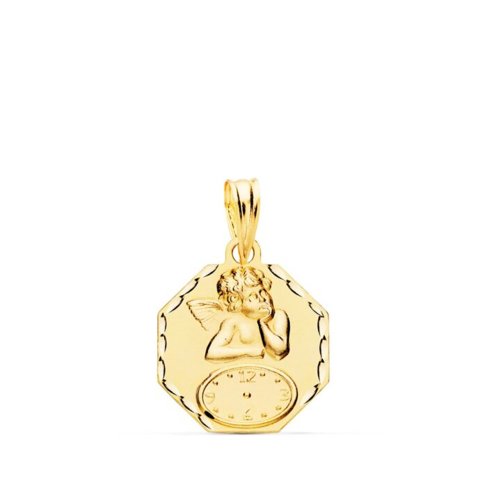 Medalla octogonal de oro amarillo 18K con bordes tallados, figura de Angelito Burlón en relieve y reloj para grabar la hora de nacimiento.