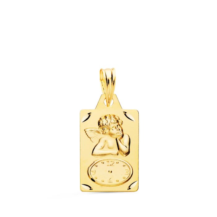 Medalla rectangular de oro amarillo 18K con borde tallado brillante, figura del Angelito Burlón y reloj lateral para personalizar hora de nacimiento.