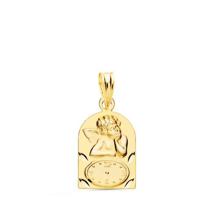 Medalla de oro amarillo 18K con forma de arco, borde tallado brillante, figura de Angelito Burlón y reloj para grabar hora de nacimiento.
