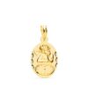 Medalla ovalada de oro amarillo 18K tallada con relieve de Angelito Burlón y esfera de reloj para grabar hora de nacimiento.