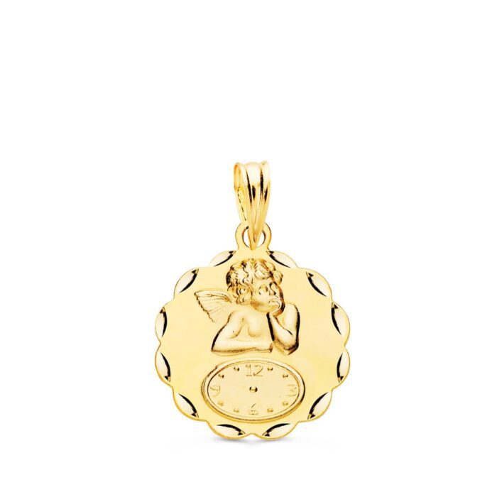 Medalla redonda de oro amarillo 18k con el Ángel Burlón, esfera de reloj y borde con tallado facetado brillante de 16 mm