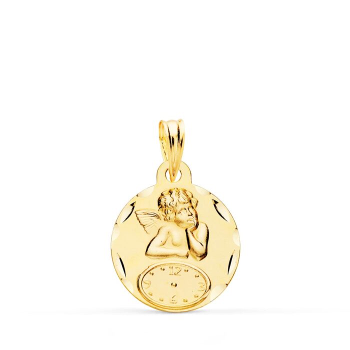 Medalla redonda de oro amarillo 18k con el Ángel Burlón, esfera de reloj y borde tallado reflectante de 15 mm