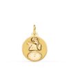 Medalla redonda de oro amarillo 18k con figura de ángel burlón, esfera de reloj y acabado combinado brillo y mate 15 mm