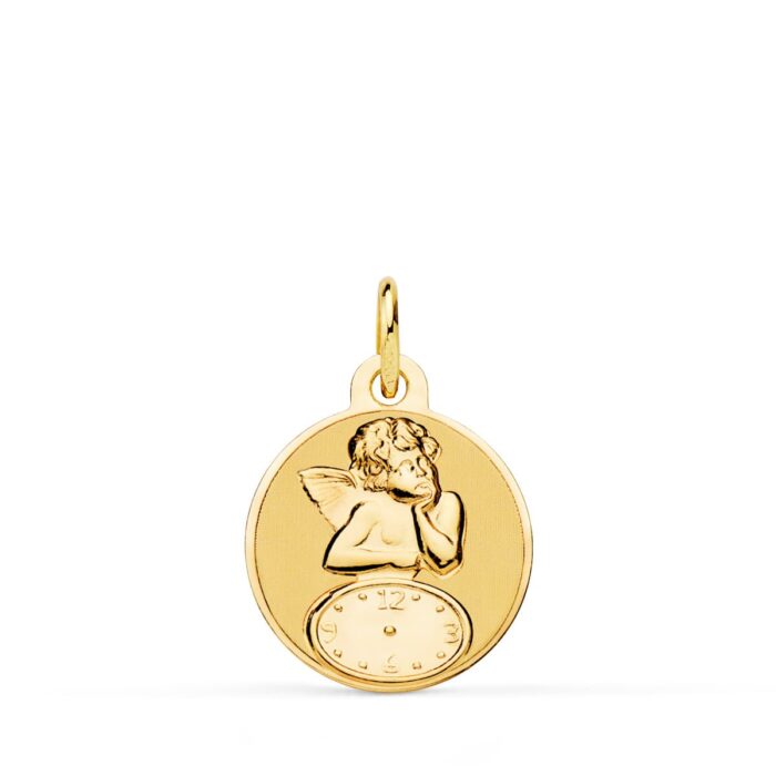 Medalla redonda de oro amarillo 18k con figura de ángel burlón, esfera de reloj y acabado combinado brillo y mate 15 mm