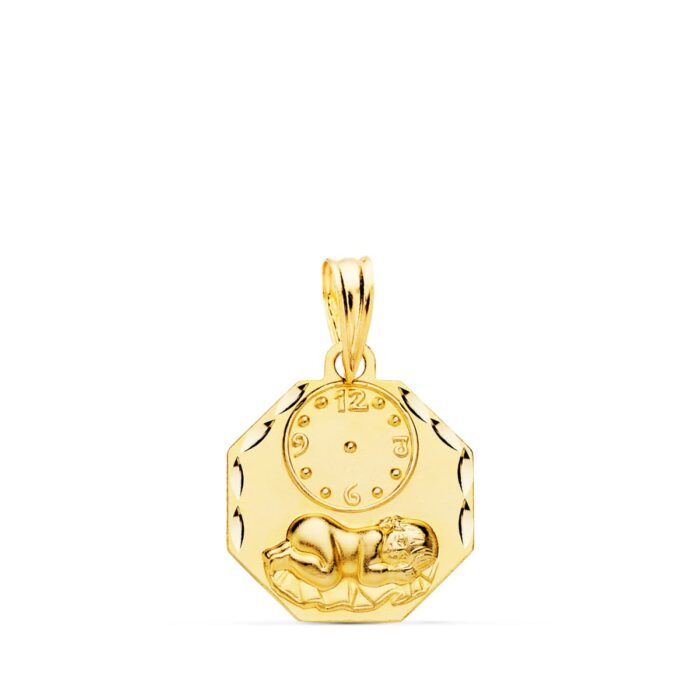 Medalla octogonal de oro amarillo 18k con figura del Niño de la Hora, reloj y borde tallado brillante de 15x15 mm