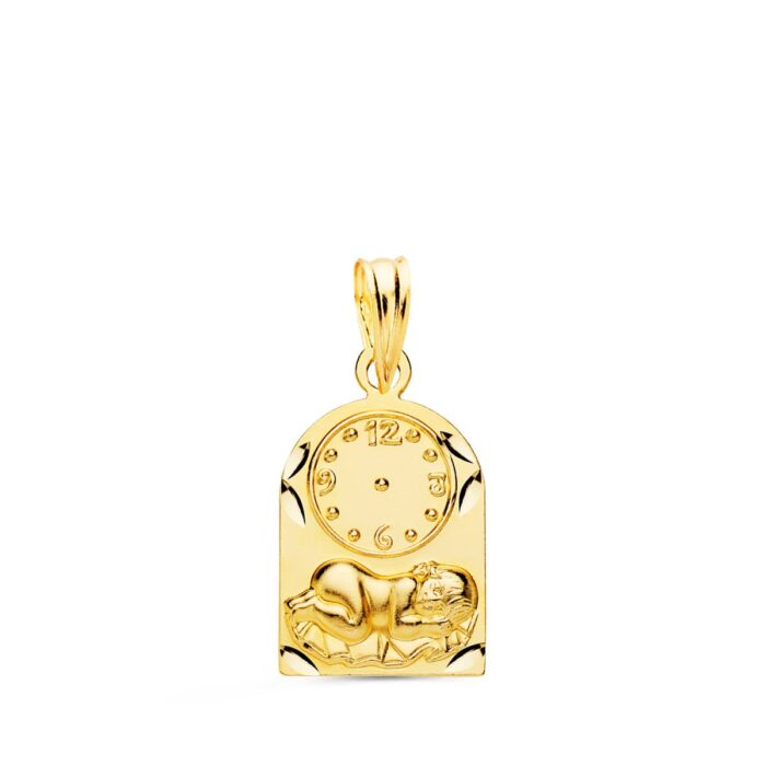 Medalla de oro amarillo 18k con forma de arco, figura del Niño de la Hora, reloj y borde tallado brillante 18x11 mm
