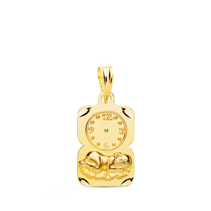 Medalla rectangular de oro amarillo 18k con el Niño de la Hora, reloj central y borde tallado reflectante 19x11 mm