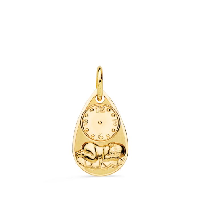 Medalla con forma de gota de oro amarillo 18k con el Niño de la Hora y reloj en acabado combinado brillo y mate 19x11 mm