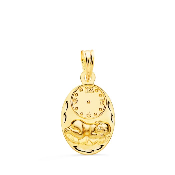 Medalla ovalada de oro amarillo 18k con el Niño de la Hora y bisel exterior tallado brillante 19x12 mm