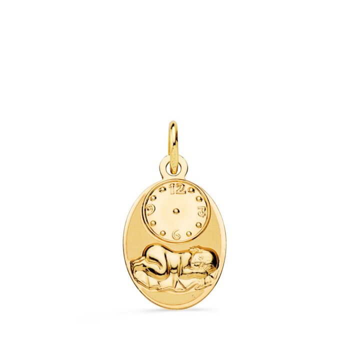 Medalla ovalada de oro amarillo 18k con el Niño de la Hora y reloj central en acabado brillo y mate 19x12 mm