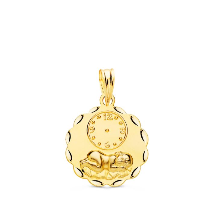 Medalla redonda de oro amarillo 18k con el Niño de la Hora y borde con tallado brillante de 16 mm