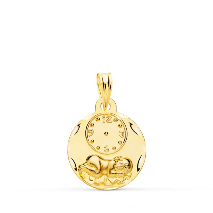 Medalla redonda de oro amarillo 18k del Niño de la Hora con borde tallado brillante de 15 mm