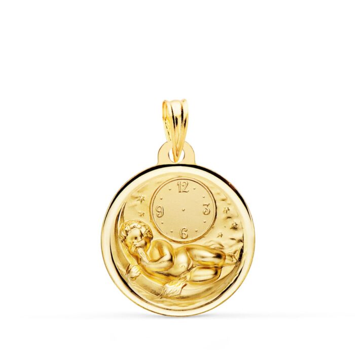 Medalla redonda de oro amarillo 18k con el Niño de la Hora sobre la luna y bisel exterior con marcas de reloj 18 mm