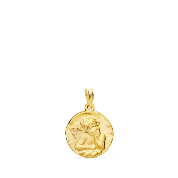 Medalla redonda pequeña de 16 mm en oro amarillo de 18k con ángel burlón y fondo matizado mate