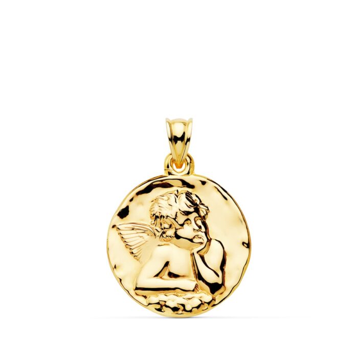 Medalla de oro amarillo de 18k con relieve del ángel burlón y acabado pulido brillante de 24 mm