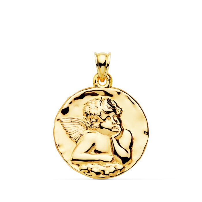 Medalla circular grande de ángel burlón en oro amarillo de 18 quilates acabado brillo espejo 28 mm