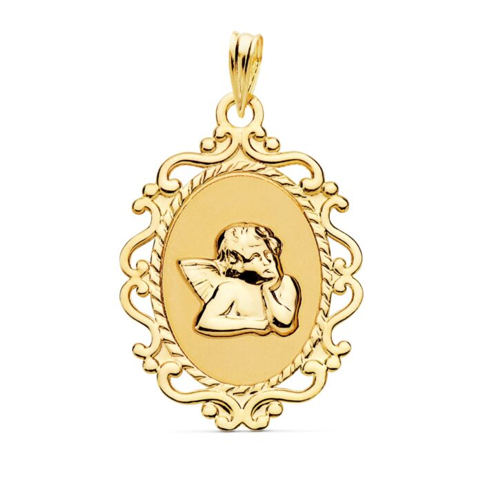 Medalla de oro amarillo 18 quilates con imagen del Ángel Burlón y borde calado 23x16 mm