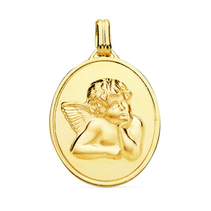 Colgante Medalla Angelito Burlón 24x18 mm en Oro Amarillo 18K (Efecto Mate y Brillo)
