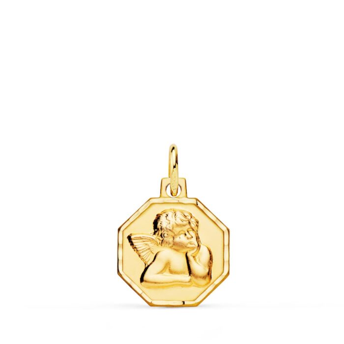 Medalla Octogonal Angelito Burlón 13x13 mm en Oro Amarillo 18K Tallada