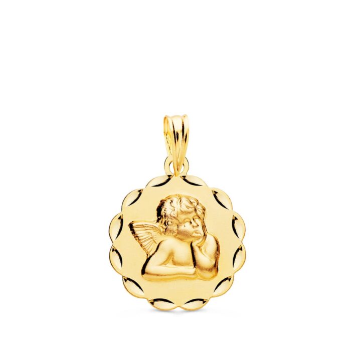 Medalla Angelito Burlón en Oro Amarillo 18K con Bisel de Arcos Tallados (17 mm)