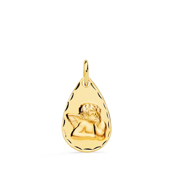 Medalla Gota Ángel Burlón en Oro Amarillo 18K - Bisel Tallado (19x11 mm)