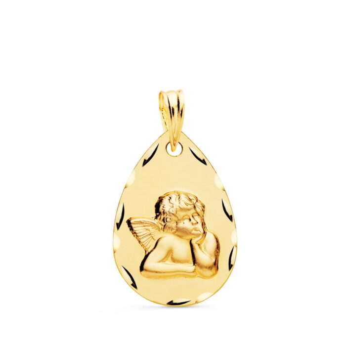 Medalla Gota Ángel Burlón en Oro Amarillo 18K - Bisel Tallado (21x14 mm)
