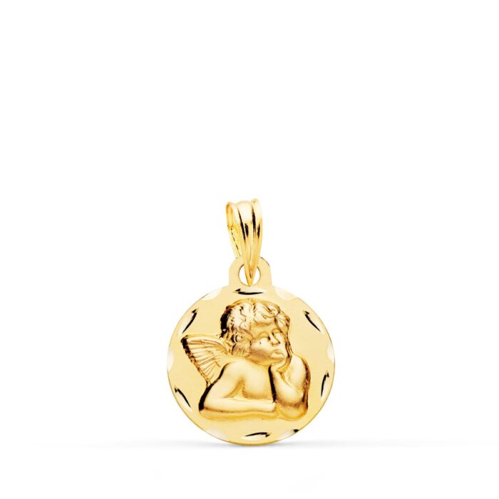 Medalla Ángel Burlón en Oro Amarillo 18K - Ligera con Bisel Tallado (14 mm)