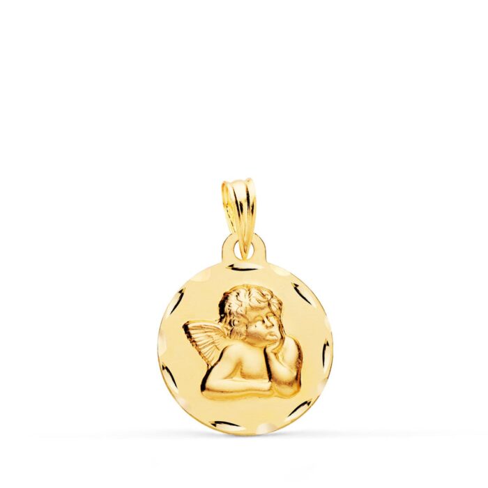 Medalla Ángel Burlón en Oro Amarillo 18K - Bisel Tallado (16 mm)