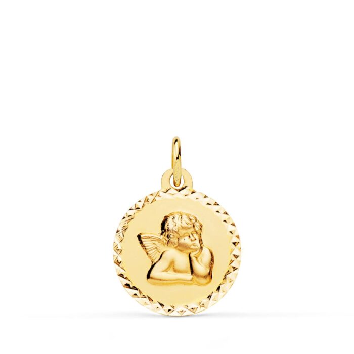 Medalla Ángel Burlón en Oro Amarillo 18K - Cerco Tallado (16 mm)