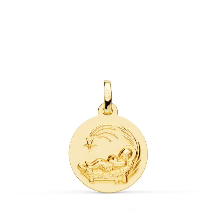 Medalla Niño del Pesebre en Oro Amarillo 18K - Diseño Plano Liso (16 mm)