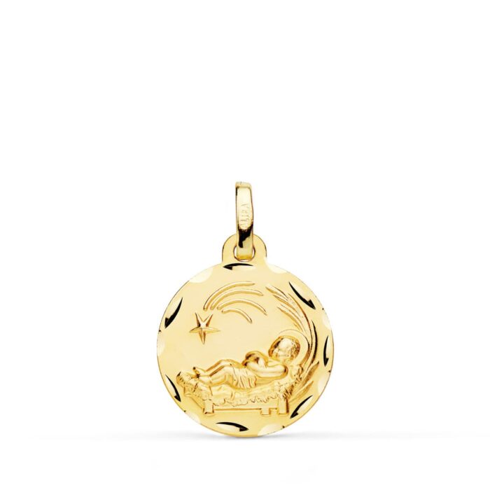 Medalla Niño del Pesebre en Oro Amarillo 18K - Bisel Tallado (16 mm)