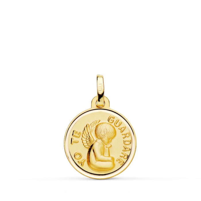Medalla Ángel "Yo te Guardaré" en Oro Amarillo 18K - Bisel Tallado (16 mm)