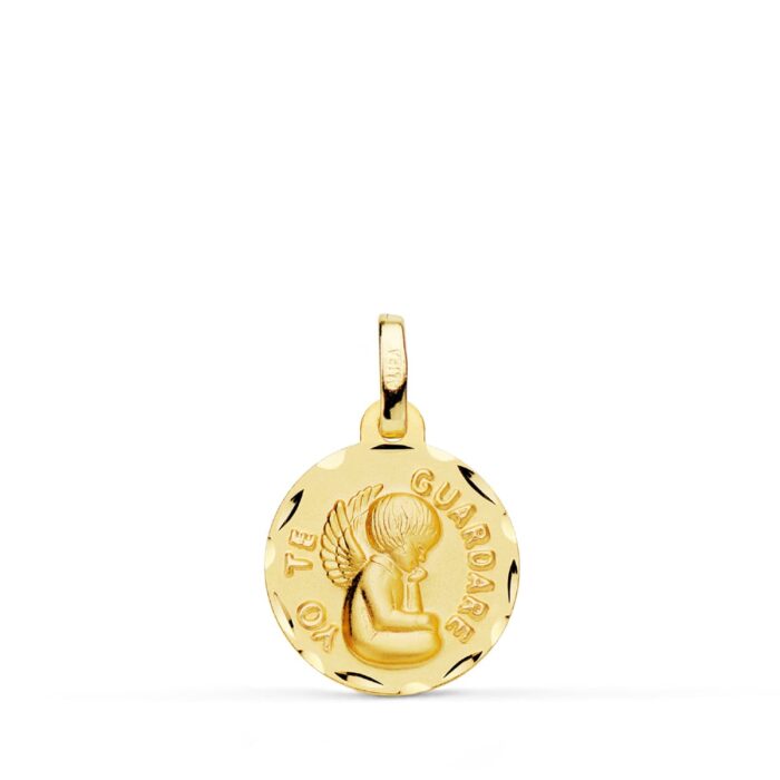 Medalla de Oro Amarillo 18K Ángel "Yo te guardaré" Tallada – 14 mm