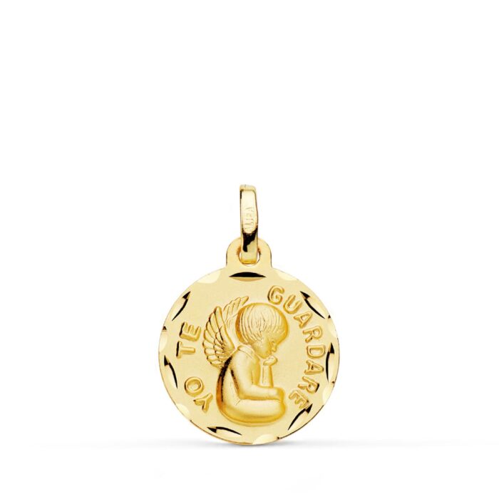 Medalla de Oro Amarillo 18K Ángel "Yo te guardaré" Tallada – 16 mm