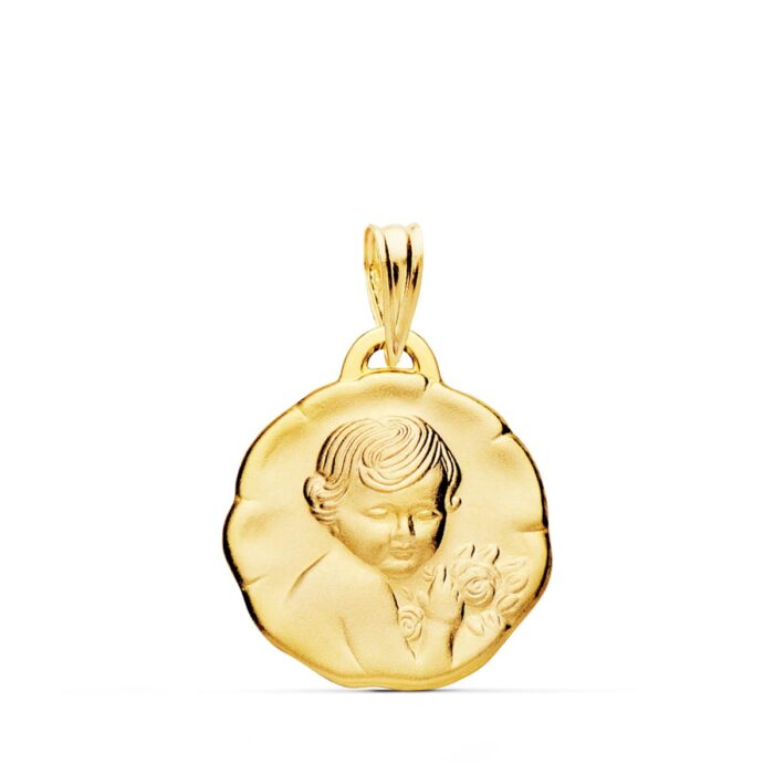 Medalla de Oro Amarillo 18K Ángel "Niño de la Flor" – 17 mm