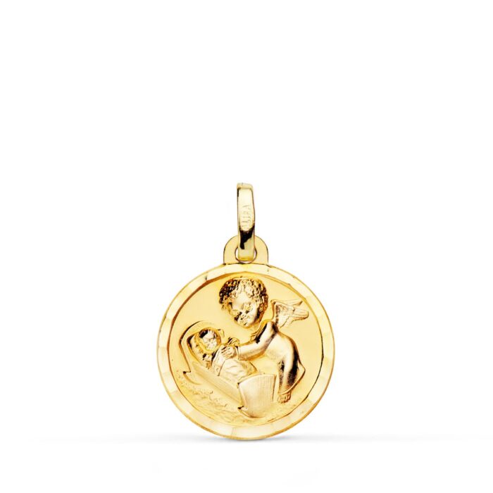 Medalla Ángel de la Guarda con Niño en Cuna Oro 18K - Bisel Tallado 15 mm