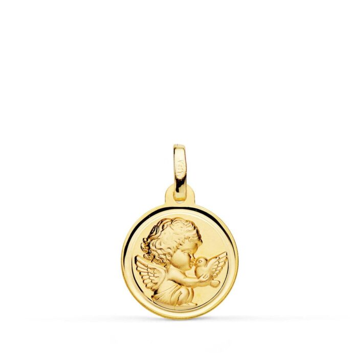 Medalla Angelito Burlón con Paloma en Oro Amarillo 18K con Bisel – 14 mm
