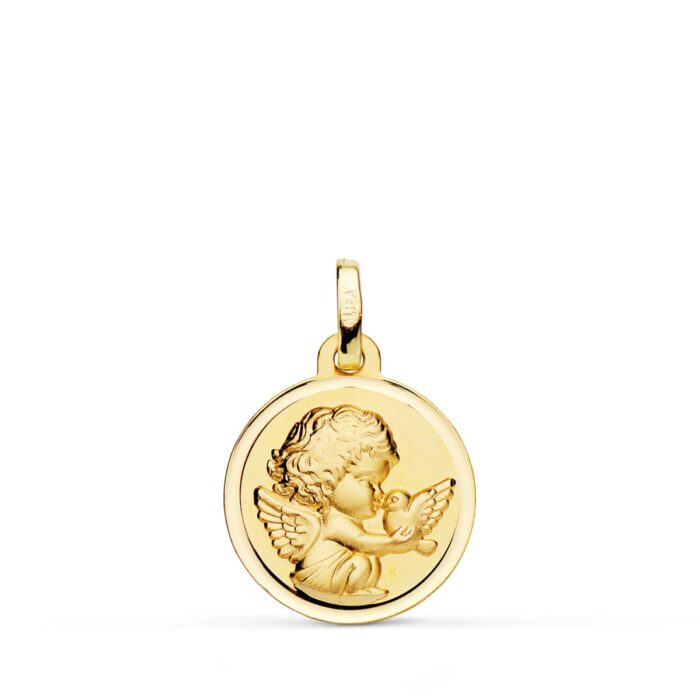 Medalla Angelito Burlón con Paloma en Oro Amarillo 18K con Bisel – 16 mm
