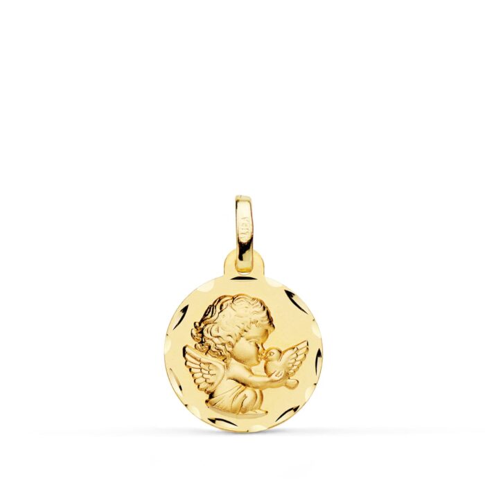 Medalla Angelito Burlón con Paloma en Oro Amarillo 18K - Borde Tallado 14 mm