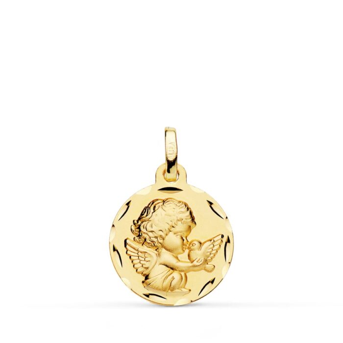 Medalla Angelito Burlón con Paloma Oro 18K - Borde Tallado 16 mm