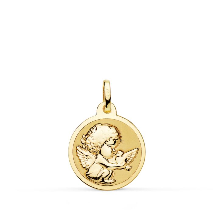 Medalla Angelito Burlón con Paloma en Oro Amarillo 18K - Brillo 16 mm