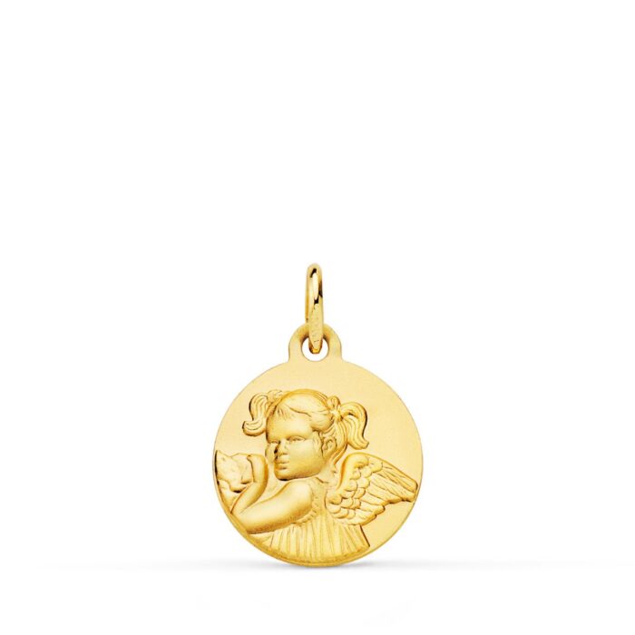 Medalla Ángel Niña Revoltosa de Oro Amarillo 18K - Acabado Matizado 14 mm