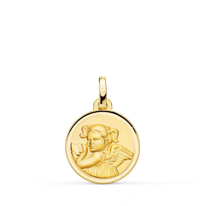 Medalla Ángel Niña Revoltosa en Oro Amarillo 18K con Bisel – 16 mm
