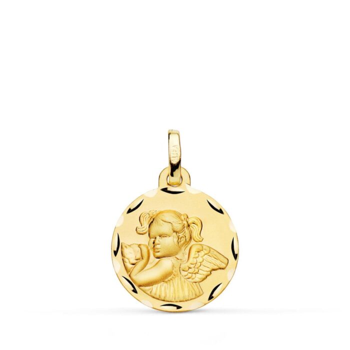 Medalla Ángel Niña Revoltosa de Oro Amarillo 18K - Acabado Tallado 16 mm