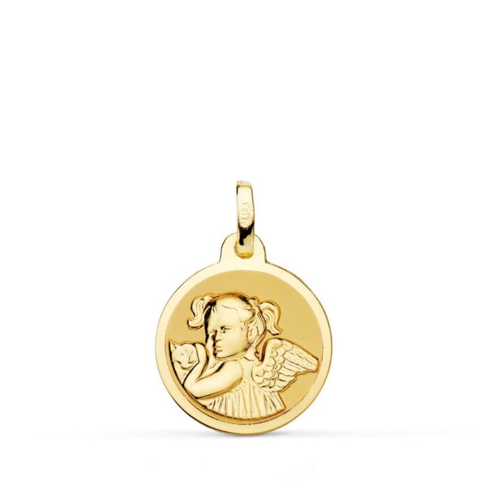 Medalla Ángel Niña Revoltosa de Oro Amarillo 18K - Brillo 16 mm