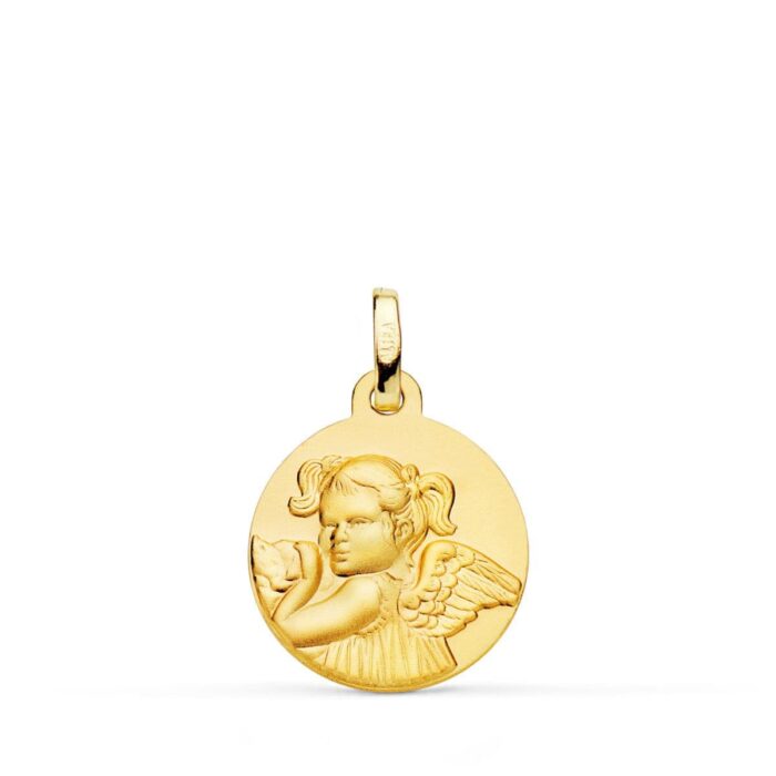 Medalla Ángel Niña Revoltosa de Oro Amarillo 18K - Acabado Matizado 16 mm