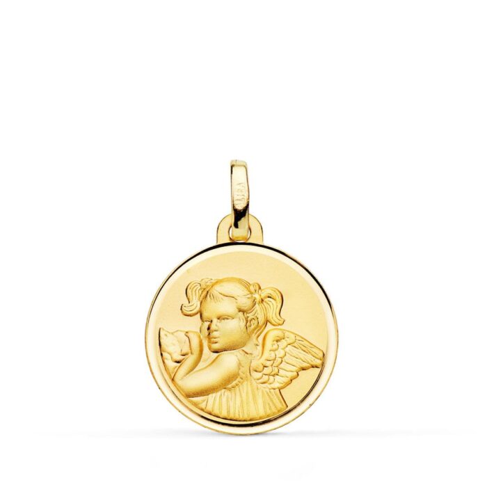 Medalla Ángel Niña Revoltosa de Oro Amarillo 18K con Bisel - 18 mm