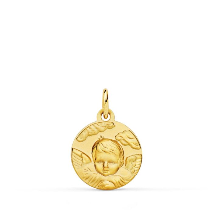 Medalla Ángel en la Nube de Oro Amarillo 18K - Acabado Matizado 14 mm